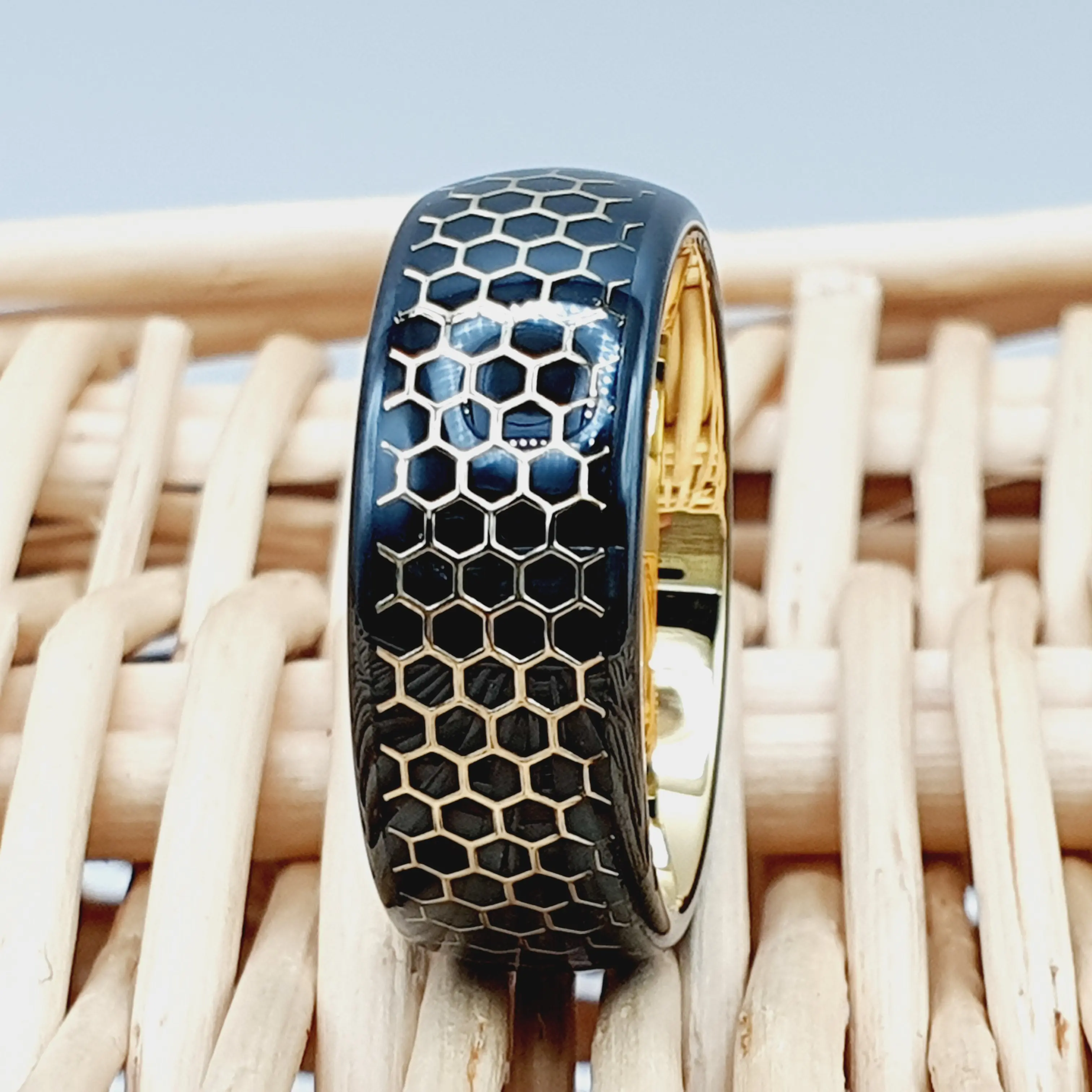 Yellow Gold Honeycomb Ring - Men's Wedding Tungsten Band - Women's Engagement Ring - Couple Ring