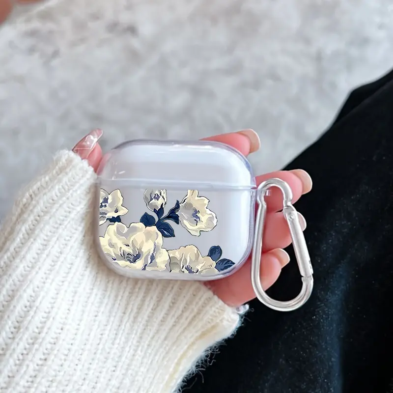 Blue and White Elegant Flowers Pattern Protective Case for AirPods 4/3/2/1/Pro/Pro2/Pro3 Soft TPU Earphone Cover, Transparent with Keychain
