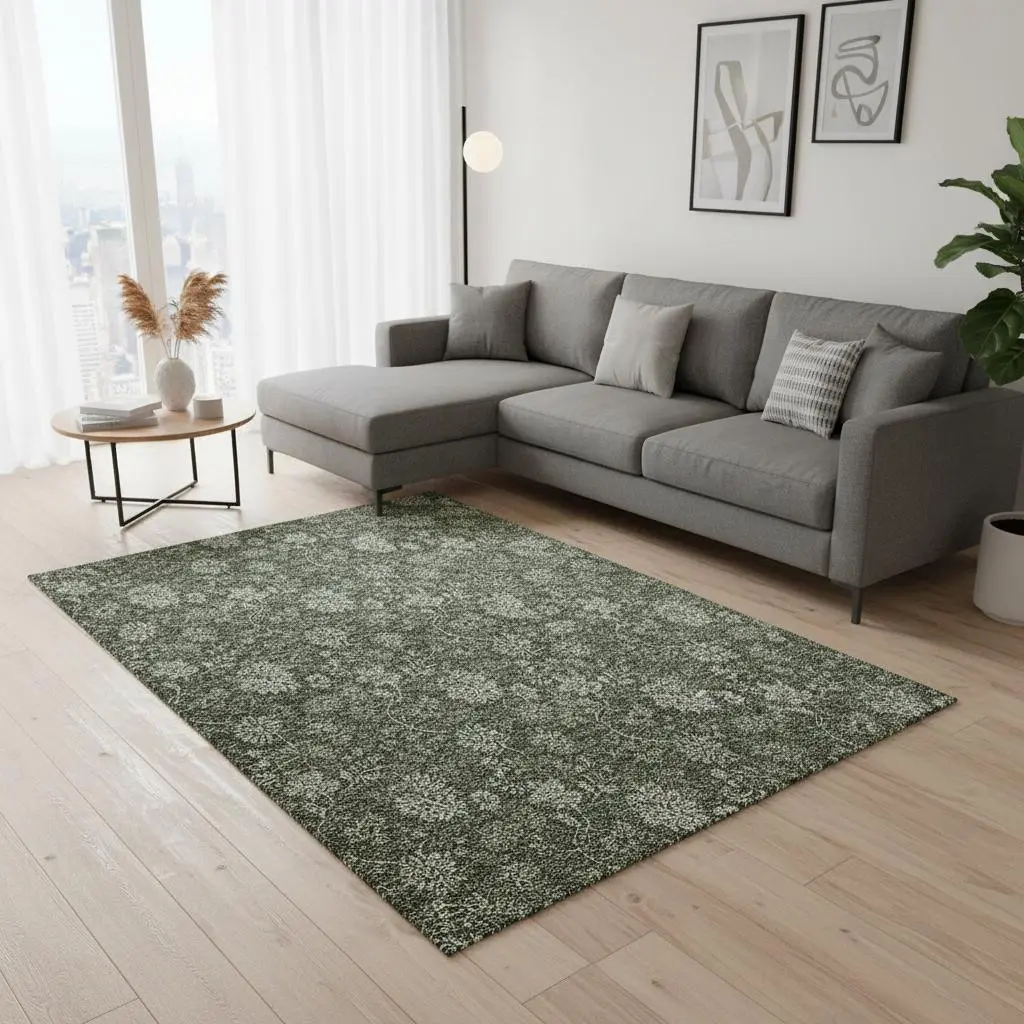 HomeRoots 655931 9x12 ft. 2-Toned Olive Green & Gray Floral Transitional Machine-Washable Rectangle Area Rug with UV Protection, Machine-Washable 2-Toned Area Rugs, Machine-Washable Area Rugs, Two-Toned Area Rugs