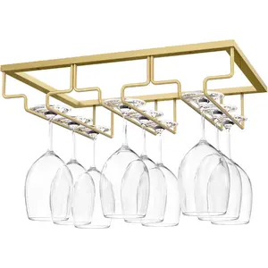 3 Rows Gold Wine Glass Rack - Under Cabinet Stemware Hanger Holder for Bar Kitchen Cabinet