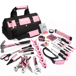 Pink Tool Set, 240-Piece Home Tool Kit for Women, Ladies Basic Tool kit for House with 14-Inch Wide Mouth Open Tool Bag, General Household Hand Tool Set for Home Repair, Maintenance and Improvement. gifts instant family nail hammer