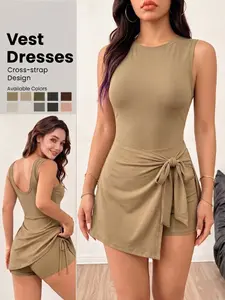 Summer Women's Sleeveless Slim Fit Jumpsuit, Anti-Exposure Hem, Round Neck, Butterfly Knot Waist, Split Hem, Breathable Stretch Fabric