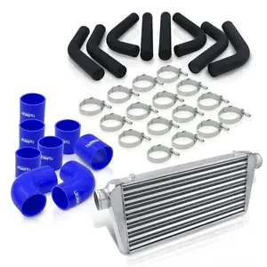 Universal 3" 8 Pieces Aluminum Piping Kit Black (x2 Straight / x2 90 Degree / x2 120 Degree / x2 135 Degree) + Silicone Couplers Blue + Universal Aluminum Intercooler (Tube & Fin | Overall: 30.75" x 11.75" x 3.0" | Core: 23.5" x 11.75" x 3.0")