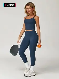 Women's Solid Crop Cami Top & High Waist Leggings Tracksuit Set, Yoga Outfit Set, Breathable Comfortable Sports Set for Yoga Gym Workout Running, Ladies Sportswear for All Seasons, Activewear