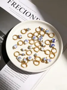 Blue-And- Porcelain Earrings, 18k Gold Plated Stainless Steel, Ceramic Floral Dangle, Unlock Oriental Elegance Atmosphere