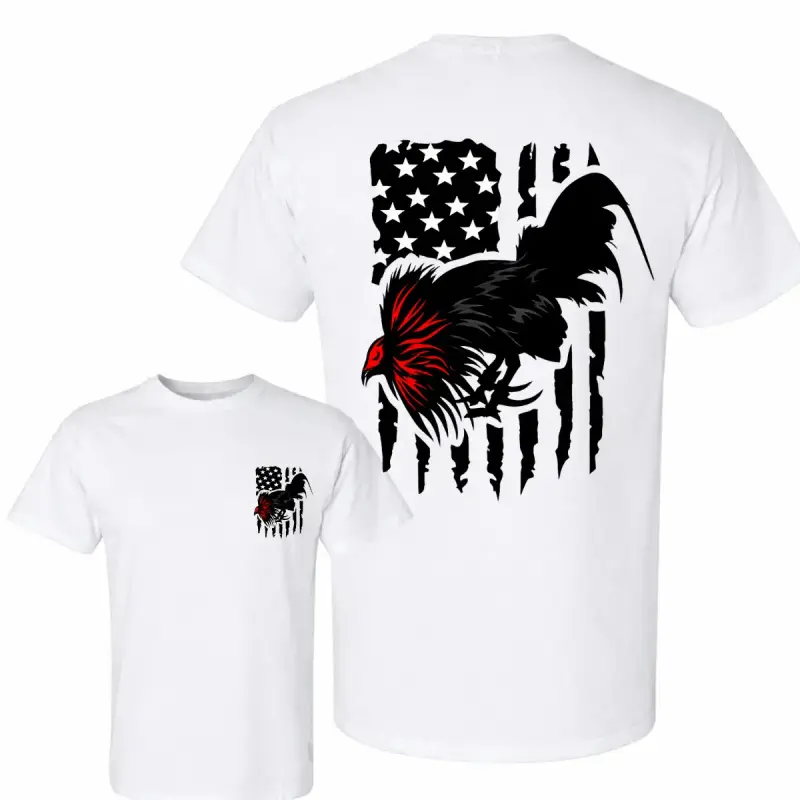 Women's Novelty Customized Fitted Cotton Short-Sleeve Gamefowl Rooster USA Flag T-Shirt - American Fighting Rooster Graphic, Patriotic Chicken Lover Apparel, Vintage Design, Farm Poultry Breeder Gift, Independence Day Unisex Tee, Shortsleeve