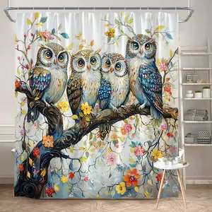 1Pc Owl Pattern Shower Curtain Colorful Owls Floral Tree Design Polyester Fabric Bathroom Decor Bathtub Partition Hanging Curtain 70.8x70.8 Inch with 12 Hooks