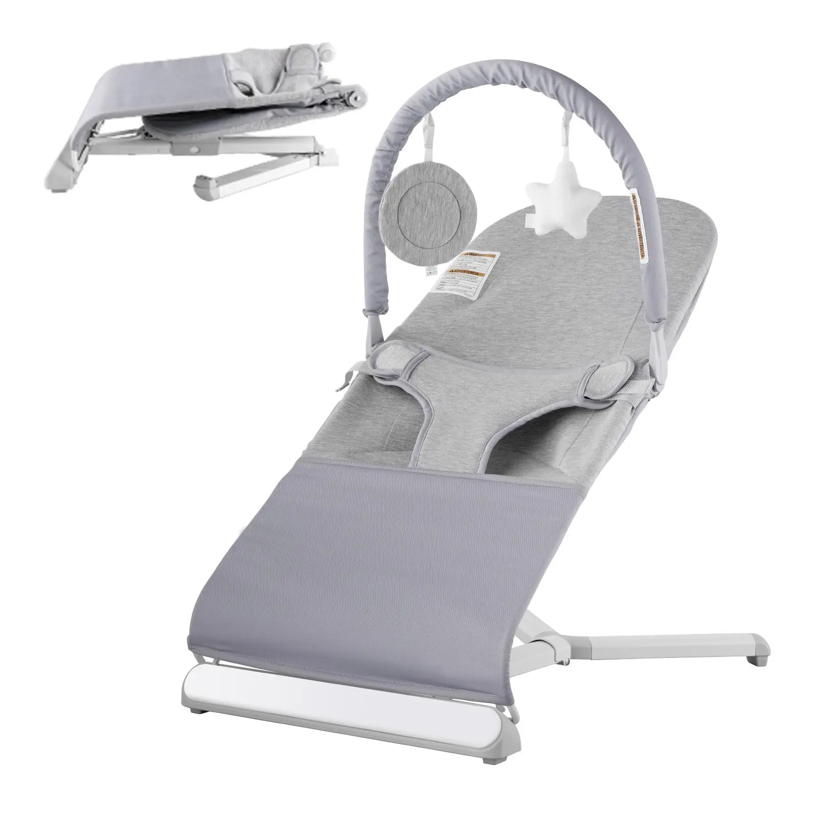 VEVOR Baby Bouncer,  Folding Bouncer Seat for Babies 0-9 Months, Newborn Bouncer Chair with 2 Reclining Angles & Rotatable Toy Bar, Portable Infant Rocker with Travel Bag for Indoor Outdoor, Light Gray