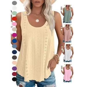 Women’s sleeveless embroidered low round-neck top, loose casual summer outfit, floral design, comfortable everyday style, women’s clothing GARMENTARY