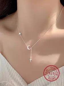 925 Sterling Silver Star & Moon Decor Exquisite Trendy Celestial Moon Goddess Pendant Necklace for Women & Girls, Fashion Jewelry for Party, Daily Clothing Decor, Trendy Jewelry for Birthday Gift