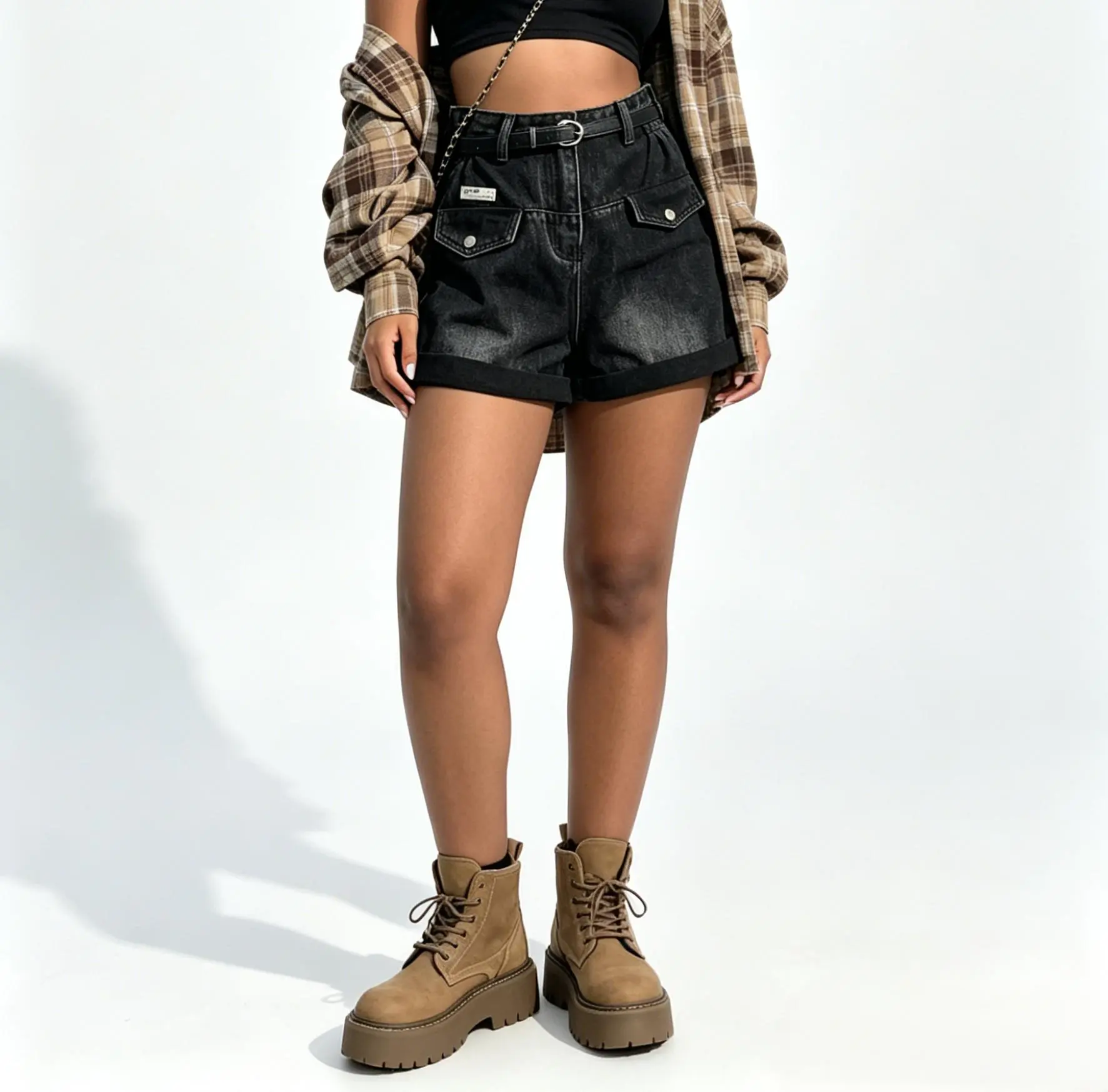 AgeRose Women's High Waist Cargo Denim Shorts, Relaxed Fit Smooth Cotton Jean Shorts with Multi Pockets and Roll Cuff for Summer Outdoor Wear Crop Adjustable
