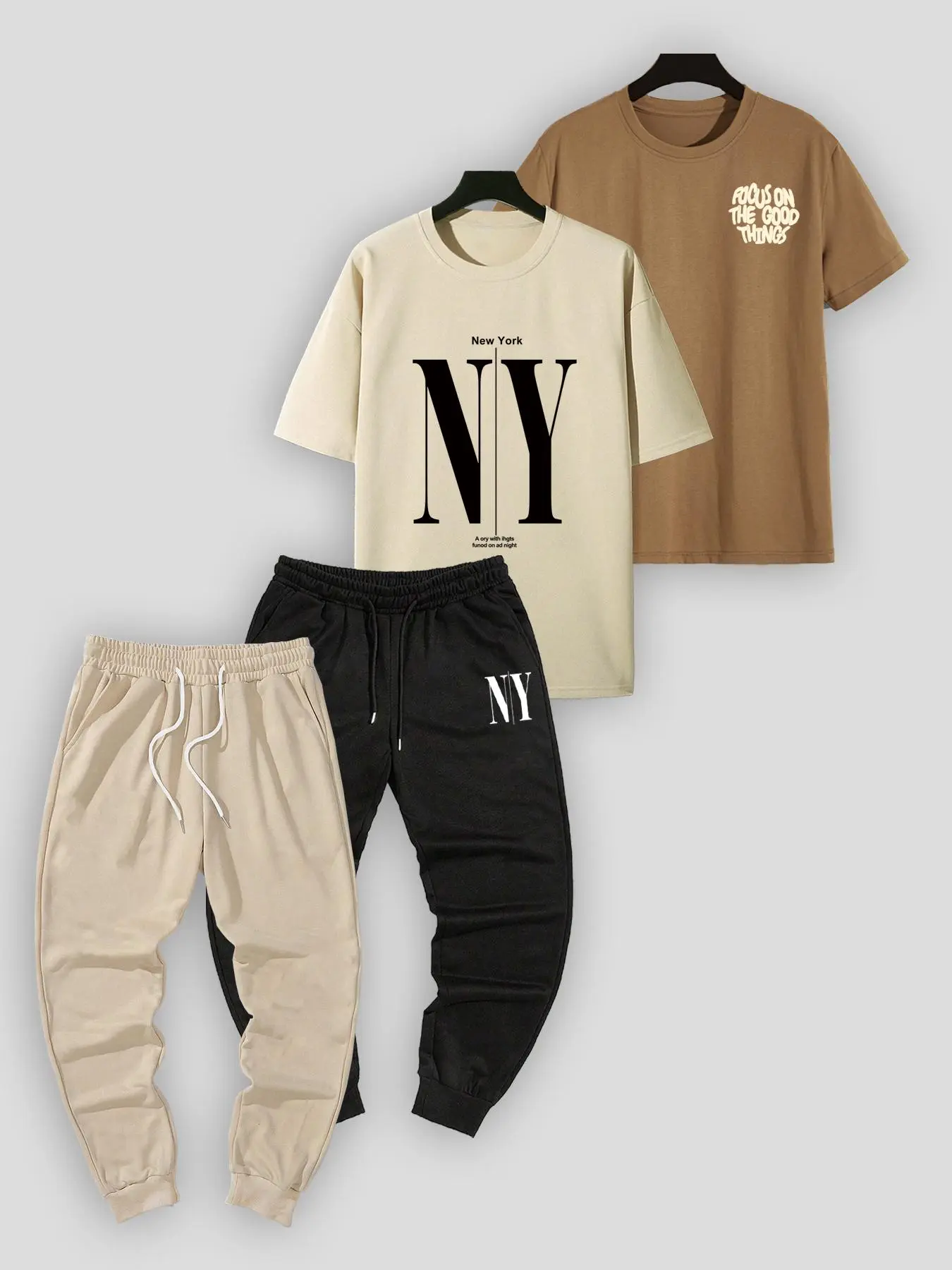 Men's Letter Print Drop Shoulder Jersey Tee & Drawstring Waist Sweatpants Two-Piece Set, Casual Street Crew Neck Short Sleeve T-shirt & Pocket Jogger Pants Stretch Menswear Clothes