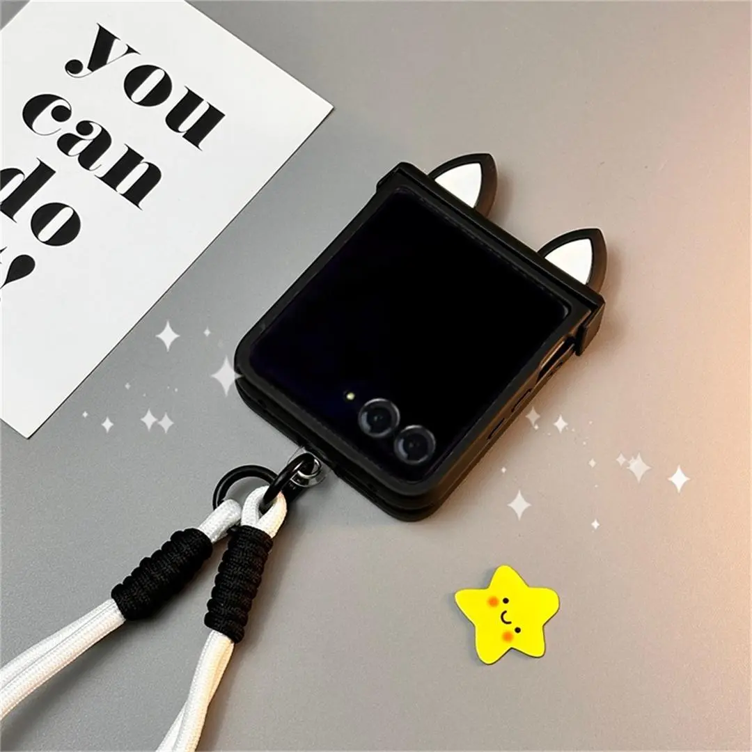 Korean Cute Cat Ears Black Portable Rope Phone Case for Motorola Razr 60 50 Ultra 40 Ultra Razr 2025 2024 2023 Ultra 2025 Cover