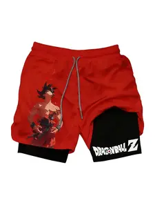 Men's Anime Warrior 2-In-1 Gym Shorts, Fitness Training Shorts, Loose-Fitting Graphic Style, Sporty Clothing, Graphic Print Shorts