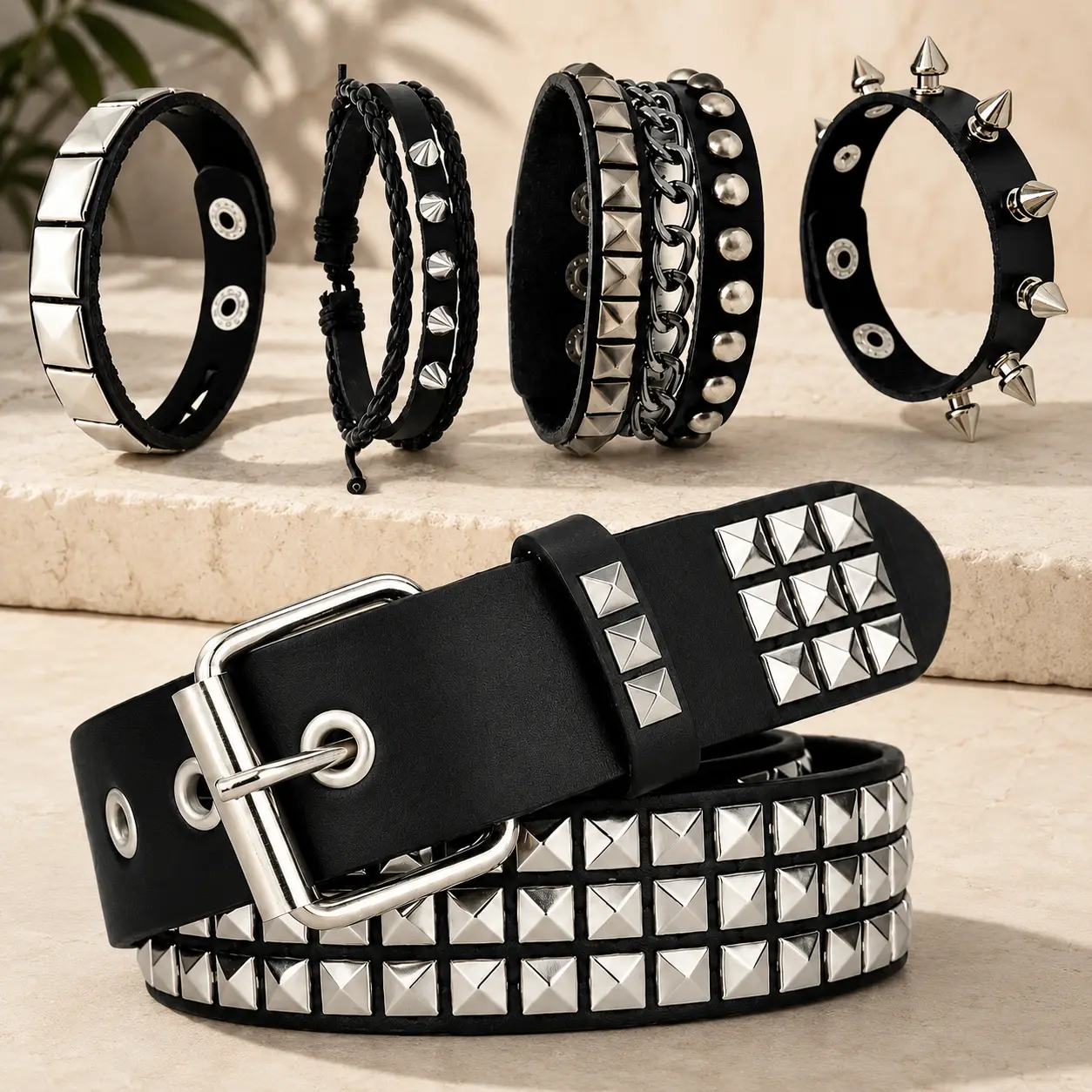 Punk Studded Belt & Bracelet Set for Women Men, Goth Y2K Emo Grunge PU Leather Belt with 4 Adjustable Spike Bracelets, Punk Rock Accessories for Concert Cosplay Halloween Outfit, Summervibes