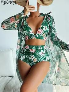 VigoBreviya Sexy 2025 Print 3 Piece Mesh Long Sleeve Swimsuit Set Push Up High Waist Women's Bikini Set