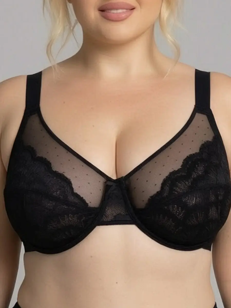 Plus Size Underwire Lace Bra Full Coverage Natural Bust Lift Soft Breathable Unlined Mesh Curvy Friendly for Daily Office Wear