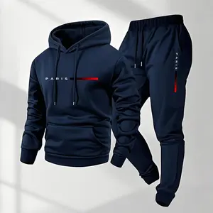 Men's Paris Letter Printed Hoodie and Drawstring Sweatpants Set, Menswear, Casual Athletic Long Sleeve Hooded Jacket & Trousers for Fall & Winter, Men's Clothing for Daily Wear, Sportswear Indoor Outdoor, Tracksuit, Athleisure Summer Clothes