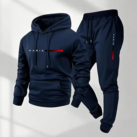 Men's 2-Piece Loose-Fit Casual Athletic Tracksuit - Knitting Hoodie with Paris Letter Print & Sweatpants Set, Gym Clothes, Sport-to-Street Wear, Mensfashion, Springfashion, Machine Washable, Size M