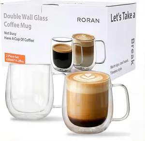 Glass coffee cup, 12 oz; double-walled insulated set with handle; transparent glass espresso cup; suitable for latte, cappuccino, tea bags, hot drinks, and cold drinks; two-piece set