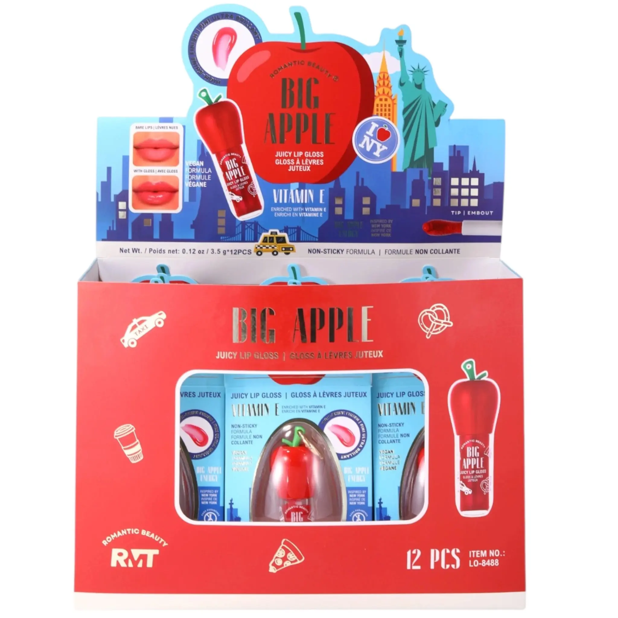 Brillo Labial Big Apple Juicy Romantic Beauty - Venta al por Mayor Display 12 Unidades (LO-8488)