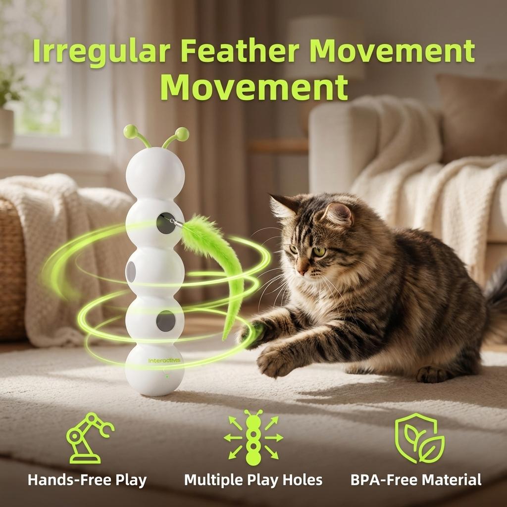 Cat Goes Crazy for This!  Auto-Moving Feather Toy with Suction Cup. USB Rechargeable & Motion Sensor Activated!