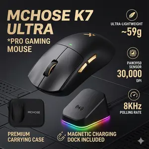 MCHOSE K7 Ultra Wireless Esports Gaming Mouse with Magnetic Charging Dock PAW3950 Sensor 42000 DPI Dual 8000Hz Polling Rate 3-Mode Connection 59g Lightweight Omron Optical Switches for FPS MOBA Office