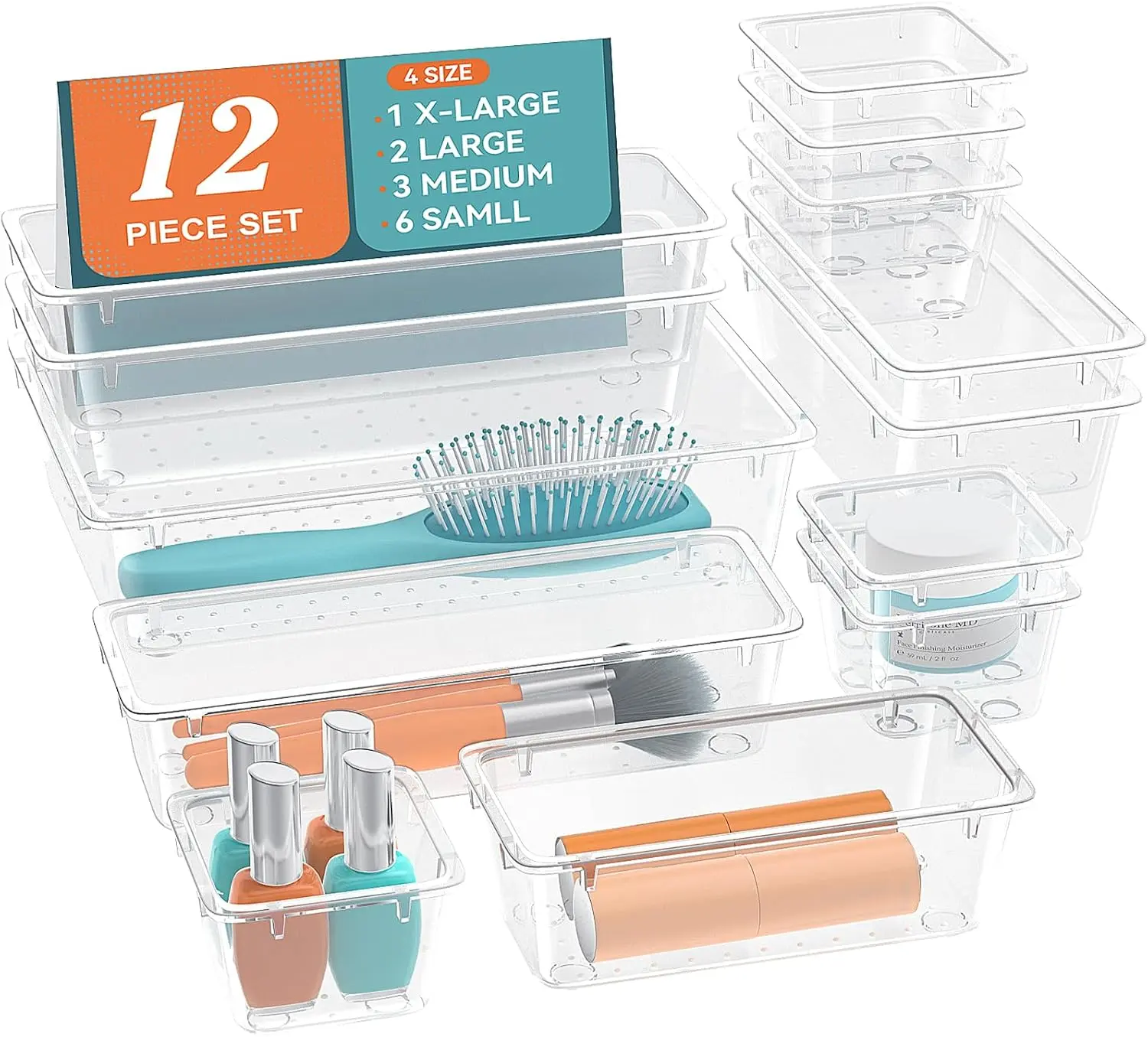 12 PCS Clear Drawer Organizer Set, Makeup & Desk Drawer Storage Bins, 4 Sizes, Stackable Plastic Organizers for Bathroom, Vanity & Office