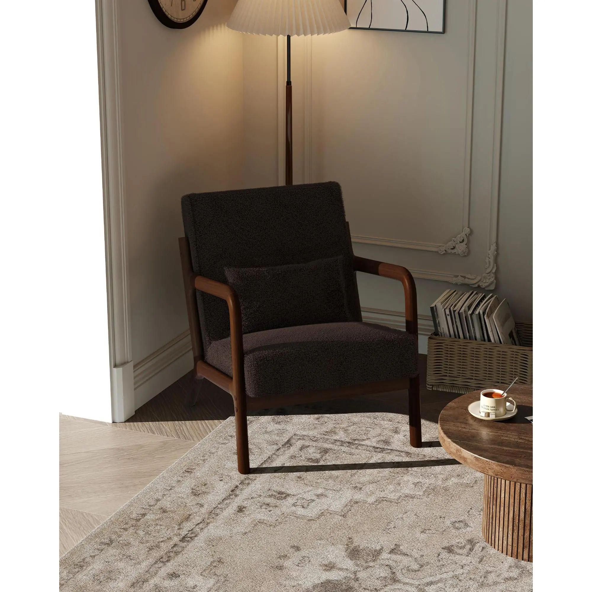 Garvee Modern Sherpa Accent Chair with Lumbar Pillow, Mid-Century Lounge Armchair Featuring Solid Wood Frame, Ideal for Living Room, Bedroom, or Office in Brown