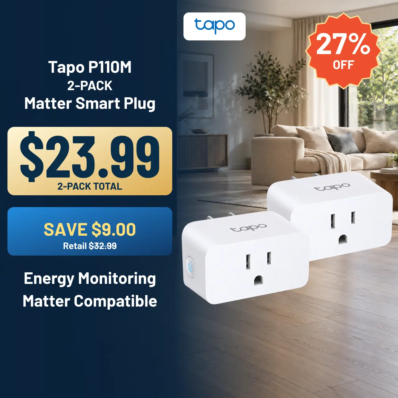 TP-Link & Tapo P110M (2-Pack) | Matter-Certified Mini Smart Plug with Energy Monitoring, Works with Alexa, Google, Siri & SmartThings, 15 A, UL Listed, Remote & Voice Control, Schedules, Away Mode – White  #SummerWins #DealsForYouDays