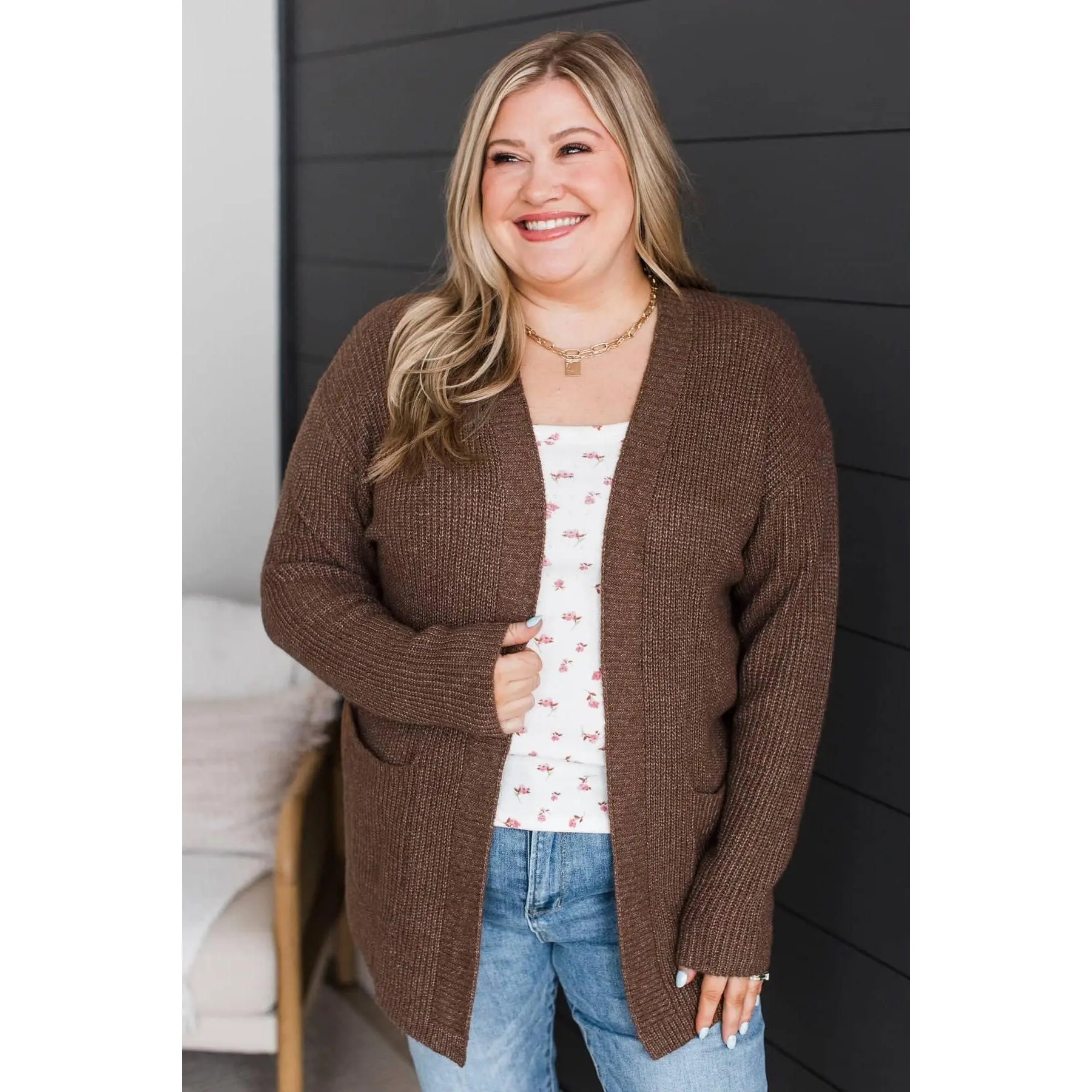Women's Take Me Places Knit Cardigan - Brown, 1XL, Polyester Fabric, Plush Knit Feels Cozy, Flat Drop Shoulders, Pockets, Long-Sleeve, Casual Basic Minimalist Fit Top
