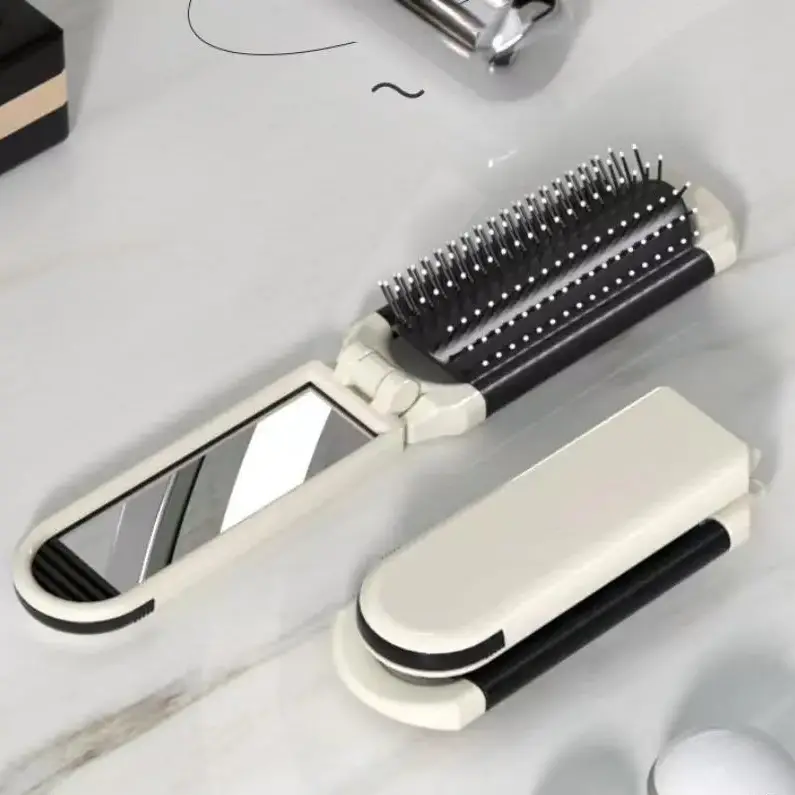 Folding Travel Hair Brush with Mirror, Cream White Portable Pocket Hairbrush with Flexible Bristles, Gently Detangle Hair, Lightweight Foldable Comb for Women(White), Hair Detangling Comb, Hair Detangler Brush, Anti Tangle Brush