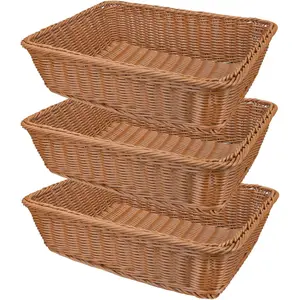 3 Pack 11.8 Inch Brown Rectangular Imitation Rattan Woven Poly Wicker Baskets for Food Serving Display Vegetables Home Kitchen Restaurant Outdoor