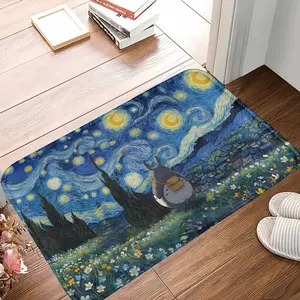 Starry Night Totoro Art Floor Mat， Van Gogh Inspired Landscape Print Design， Soft Non Slip Washable Rug Decoration， Perfect for Living Room， Bedroom， Office， Reading Corner， Housewarming Gift， Home Aesthetic Display tiktokshopspringglowup