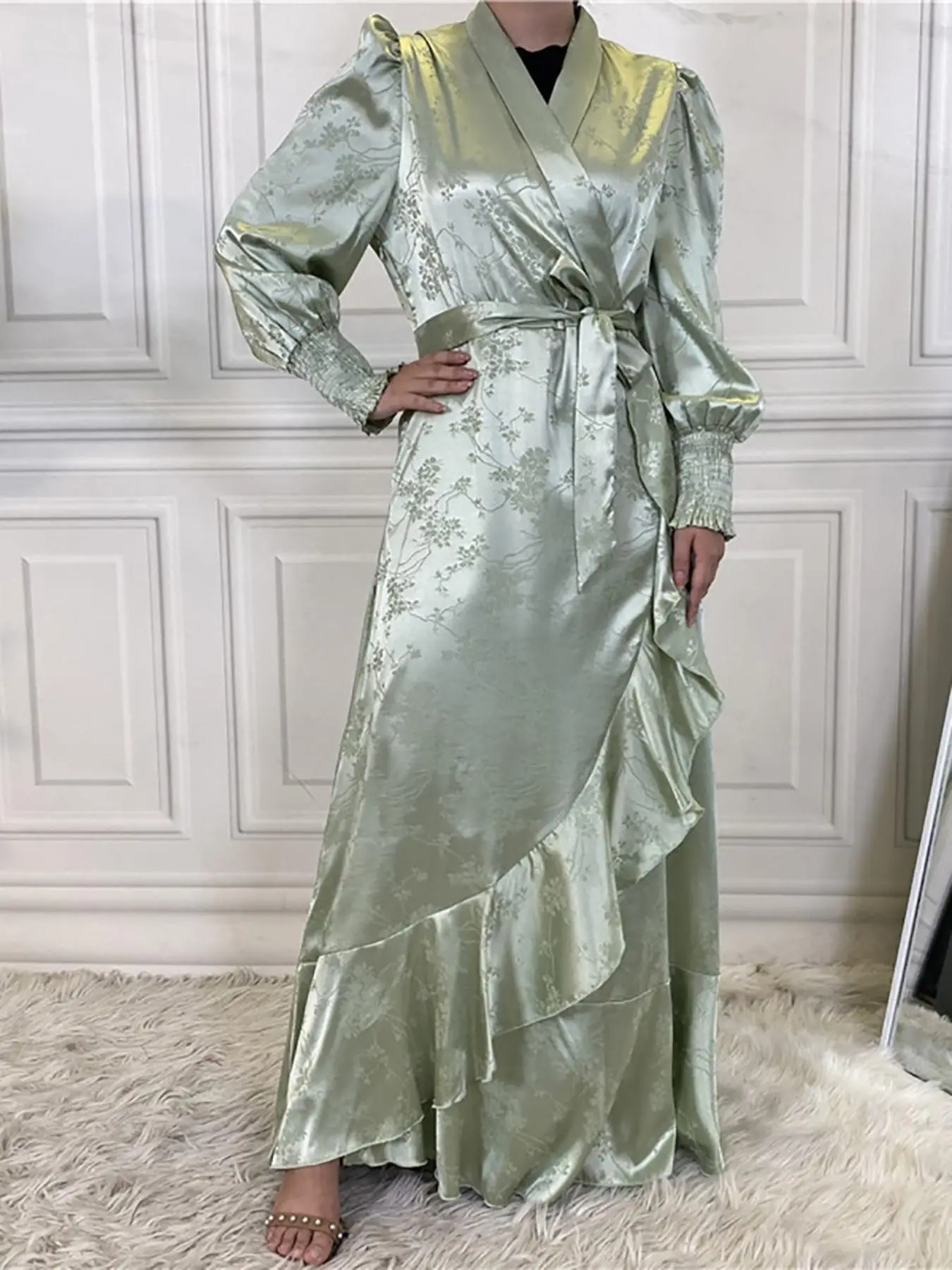 Women's Floral Jacquard Belted Wrap Shirred Satin Dress, Elegant Bishop Sleeve V Neck A Line Dress for Party Holiday Wedding Guest, Women's Islamic Cl