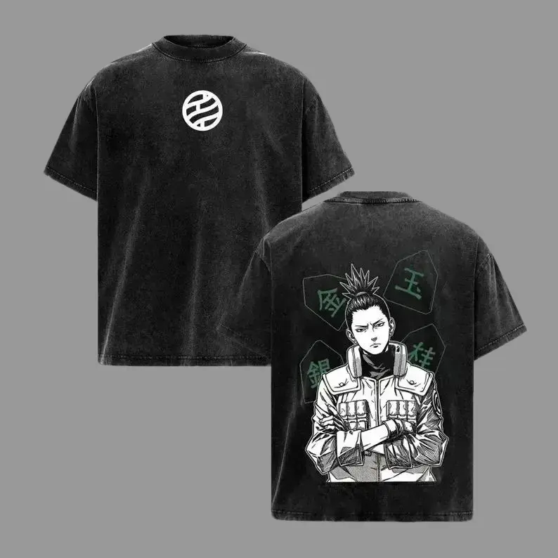 Men's 100% Cotton Vintage Pre-Washed Crewneck Oversized Relaxed Fit Shortsleeve Anime Shikamaru Graphic Print Breathable Casual Streetwear T-Shirt