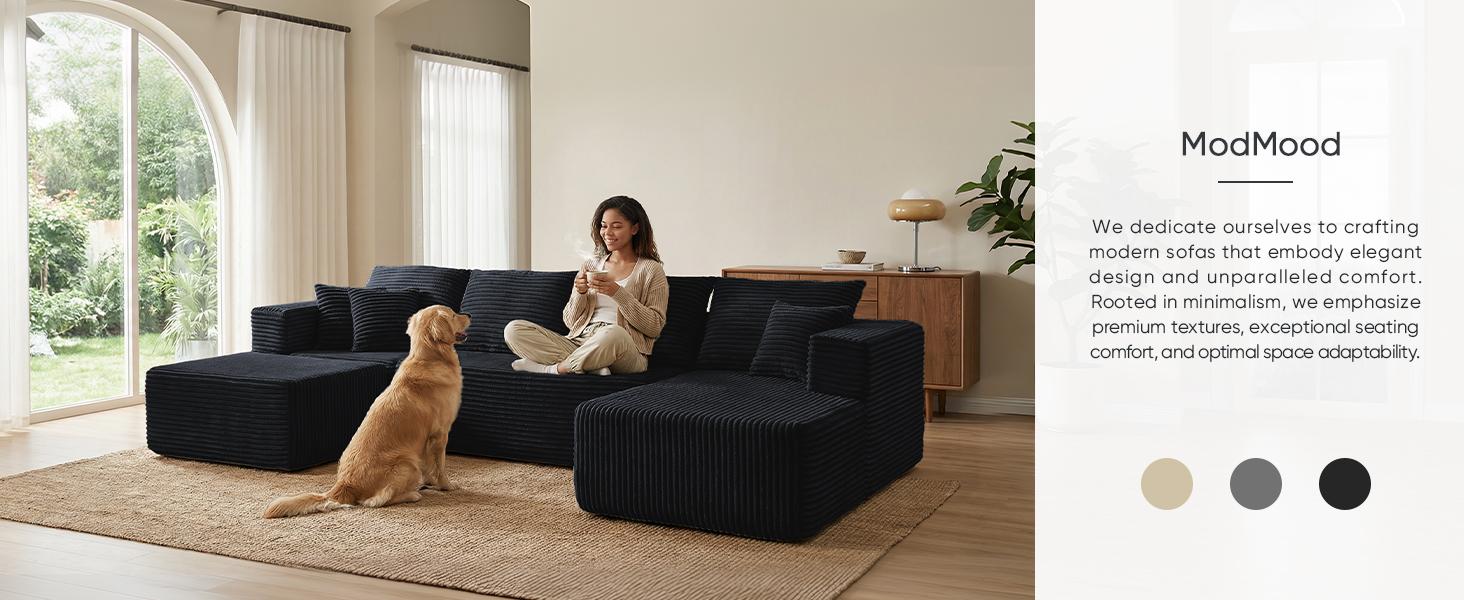 【2 Packages Shipping】MODMOOD 133" Plush Corduroy Cloud Velvet Modular Boneless Couch with Chaise & Ottoman, No Assembly Required - L/U-Shaped Sectional Sofa Set with Flexible Configuration - 133"W x 61.2"D x 25.59"H, convertible