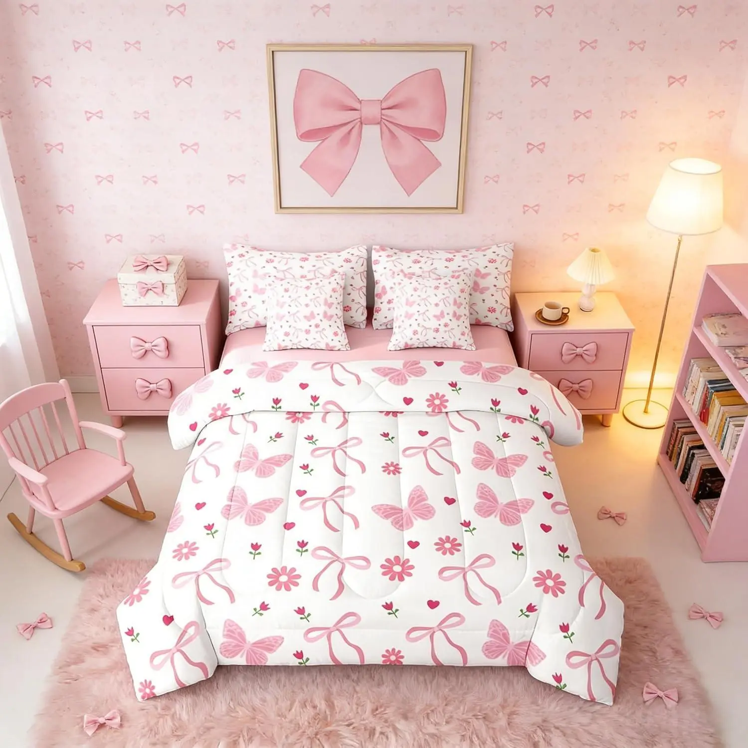 Feelyou 7-Piece Ultra-Soft Pink Floral Bedding Set - Bowknot Design Blanket, Bedsheets, Kawaii Flower Bed Bag, Multi-Size, Machine Washable for Valentine's Day, Children's Day Bedsheet Sets, Cozy Chic Blanket