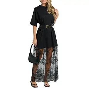 Znacicc Women's Casual Black Maxi Dress Loose Fit T-Shirt Style with Sheer Lace Hem & Drop Shoulder Ideal for Everyday Streetwear and Urban Chic Summer