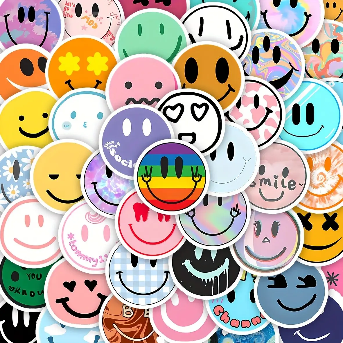 50 Pcs Colorful Smiley Face Stickers Set, Scrapbooking Cute Round Decals with Unique Shapes, Expressive Eyes Mouth Heart Shapes, Self-Adhesive PVC for Laptops Water Bottles Skateboards, Multipurpose Use