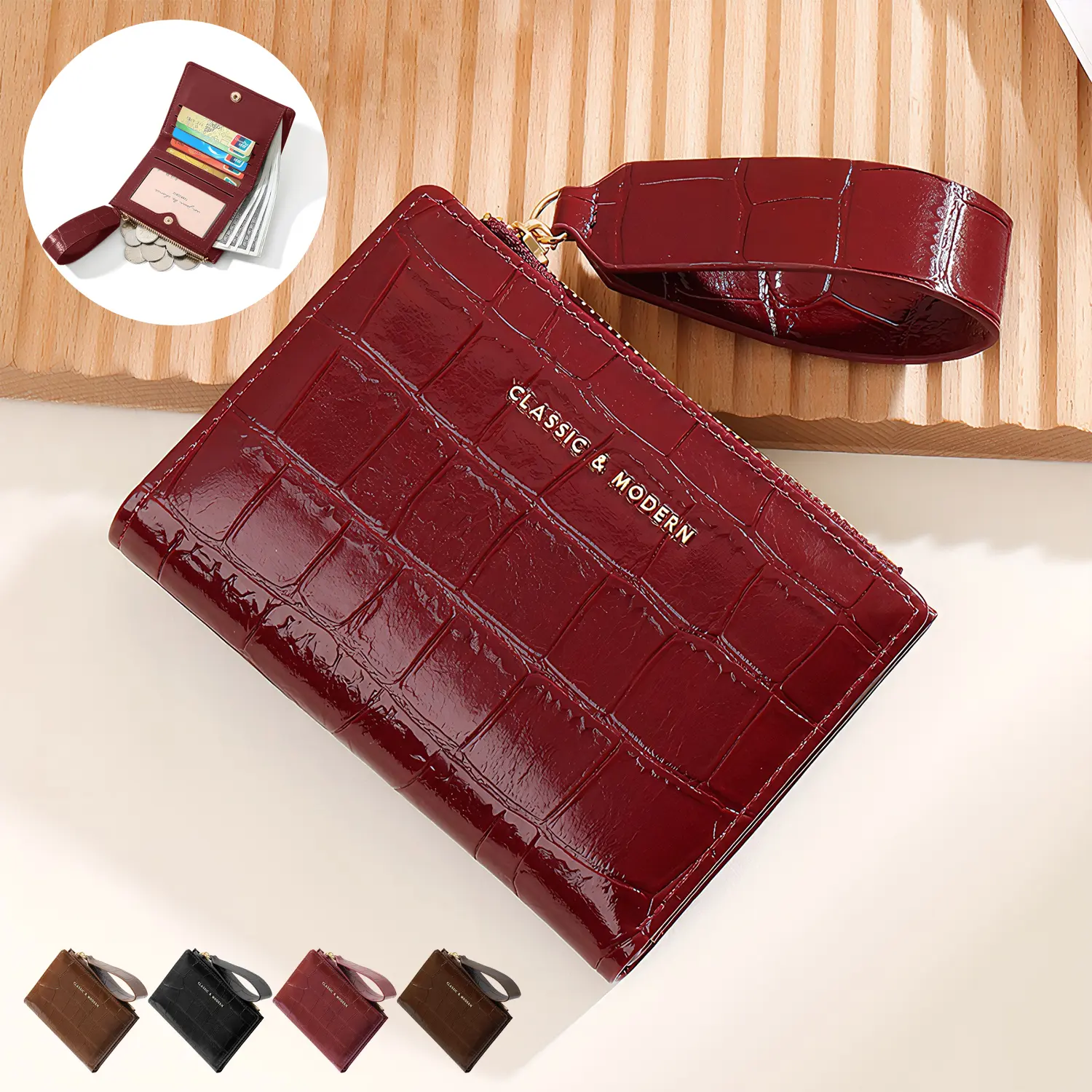Women's Vintage Crocodile Pattern Wallet - Small Zip Coin Pouch with Card Slots, ID Window, Wristlet for Evening Party Clutches