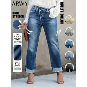 Women’s high-waisted straight-leg asymmetrical jeans, casual denim jeans for women, comfortable and stylish daily wear, perfect for all seasons