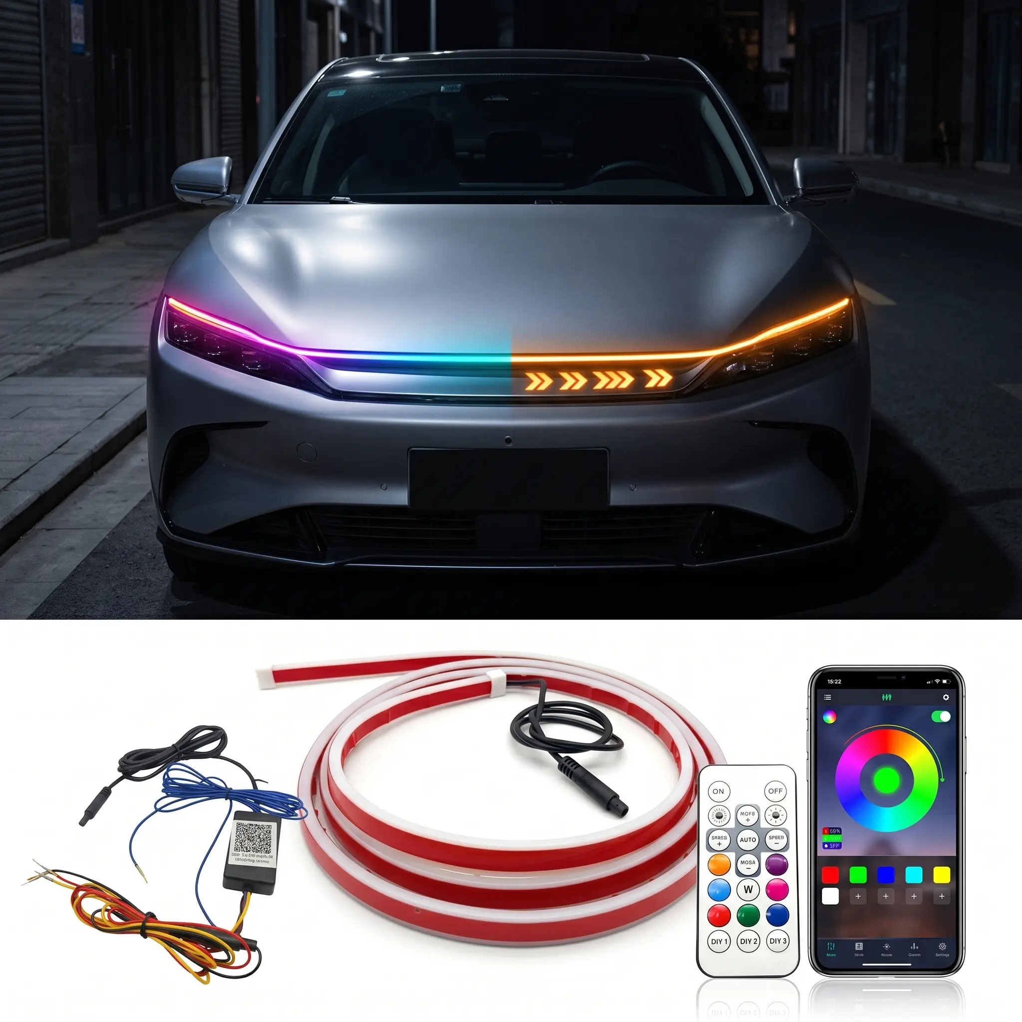 71inch App Controlled RGB Dynamic LED Car Hood Light Strip 1 Count Dynamic Scan Start Up Light Strip With Instruction And Remote Controller Waterproof Flexible Car Lights LED Car Ambient Light