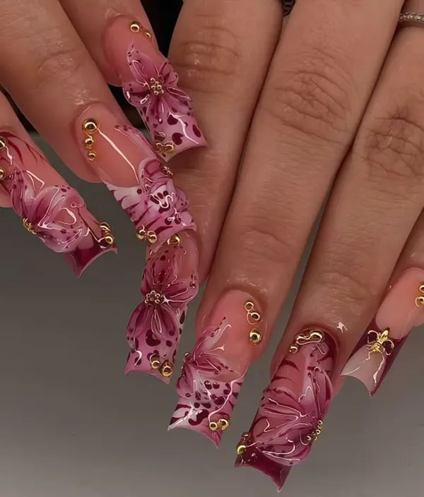 Pink 3D Flower Press on Nails, Elegant French Tip Nails, Gold Embellished Luxury Manicure, Handmade Custom False Nail Art
