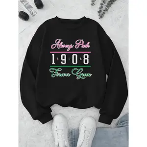 Women's J15 AKA 1908 Pink Green Printed Crewneck Sweatshirt, Summer Casual Long Sleeve, Floral Graphic Design, Soft Cotton Blend, Stylish Streetwear Top for Women Womenswear Hoodie Black Fitted Pullover