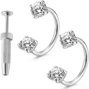 Two stainless steel zircon nose rings with four-prong clasp jewelry short grabber