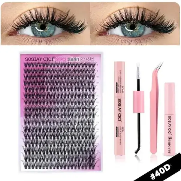 SOSIAY CICI DIY Lash Extension Kit, 320PCS 40D D Curl Wispy Lash Clusters with Bond & Seal, Remover & Tweezers, 9-16mm Natural Kawaii Individual Lashes for Beginners At Home