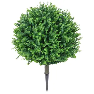 Artificial Rose Eucalyptus Topiary Ball Trees, 24" UV Resistant Faux Boxwood Shrubs with Ground Spikes, Fake Evergreen Plants for Indoor Outdoor Garden, Patio, Porch, Planters, Wood, Decor, Entryway