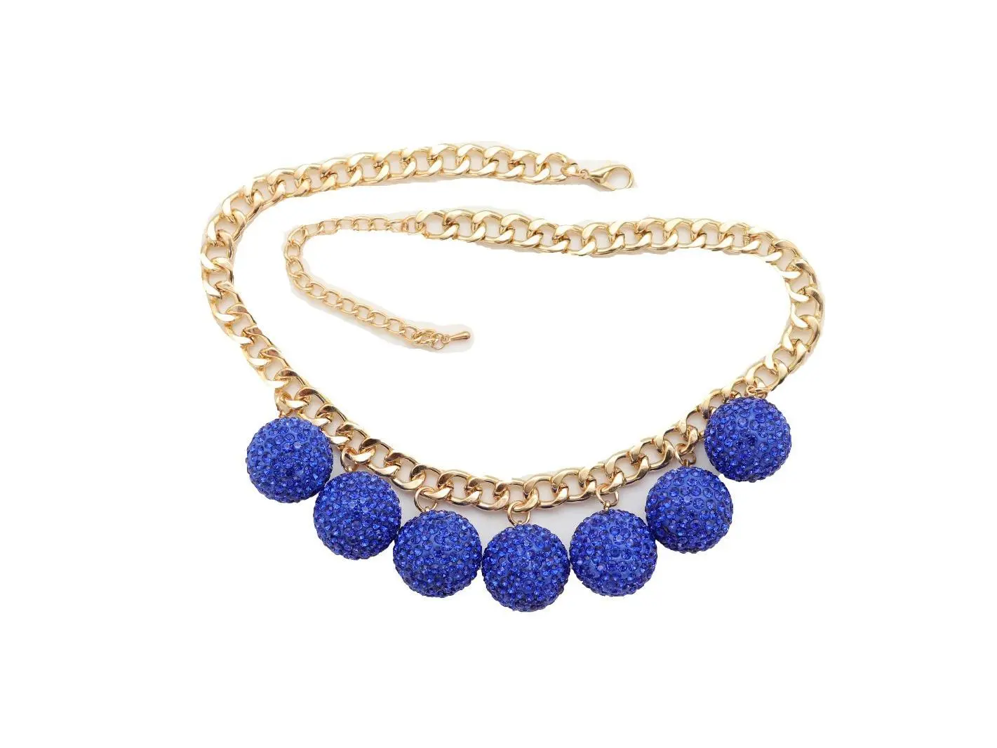 NEW Women’s Gold Chain Necklace With Royal Blue Rhinestone Ball Charms, Short Chunky Statement Necklace For Party, Dressy, Weekend And Boutique Outfits  WN32