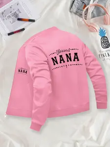 "Blessed NANA" Letter Printed Jacket - Versatile Casual Zip-Up Jacket, Stand Collar, Polyester Knit Fabric, Fitted Design, Pocket Detail, Suitable for Autumn & Winter.